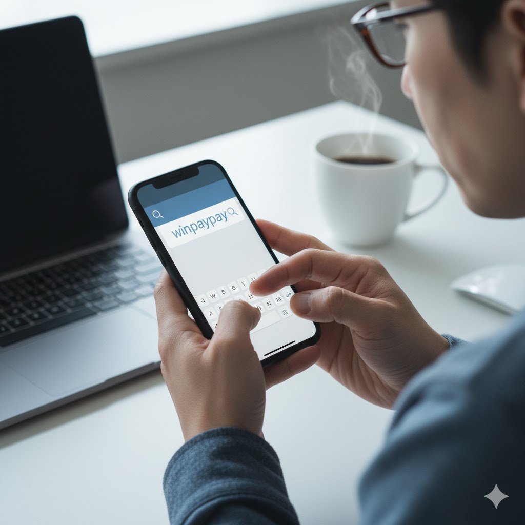 デスクで男性がスマートフォンを操作し、検索窓に「winpaypay」と入力している様子の画像