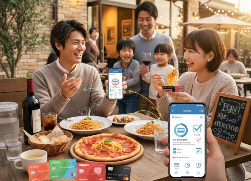 オリーブの丘のテラス席で食事を楽しむ日本人家族。手前にはポイントアプリや決済手段がコラージュされ、お得に楽しむイメージを表現。