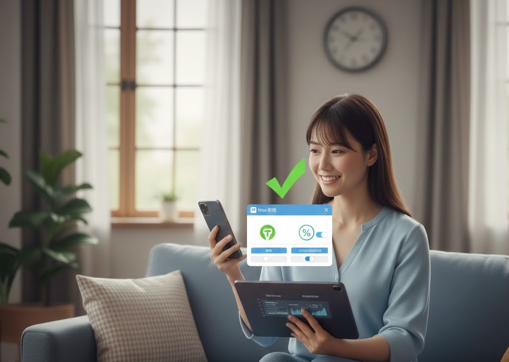 アイシティの誕生日クーポンをスマホアプリで確認しながら、タブレットも使ってお得情報をチェックする女性