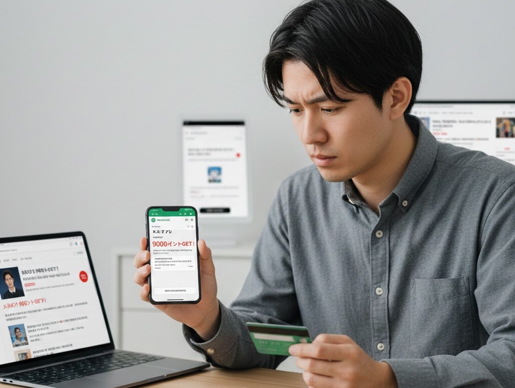 9000ポイント獲得メールを表示したスマホとクレジットカードを手に、不安そうな表情をする男性