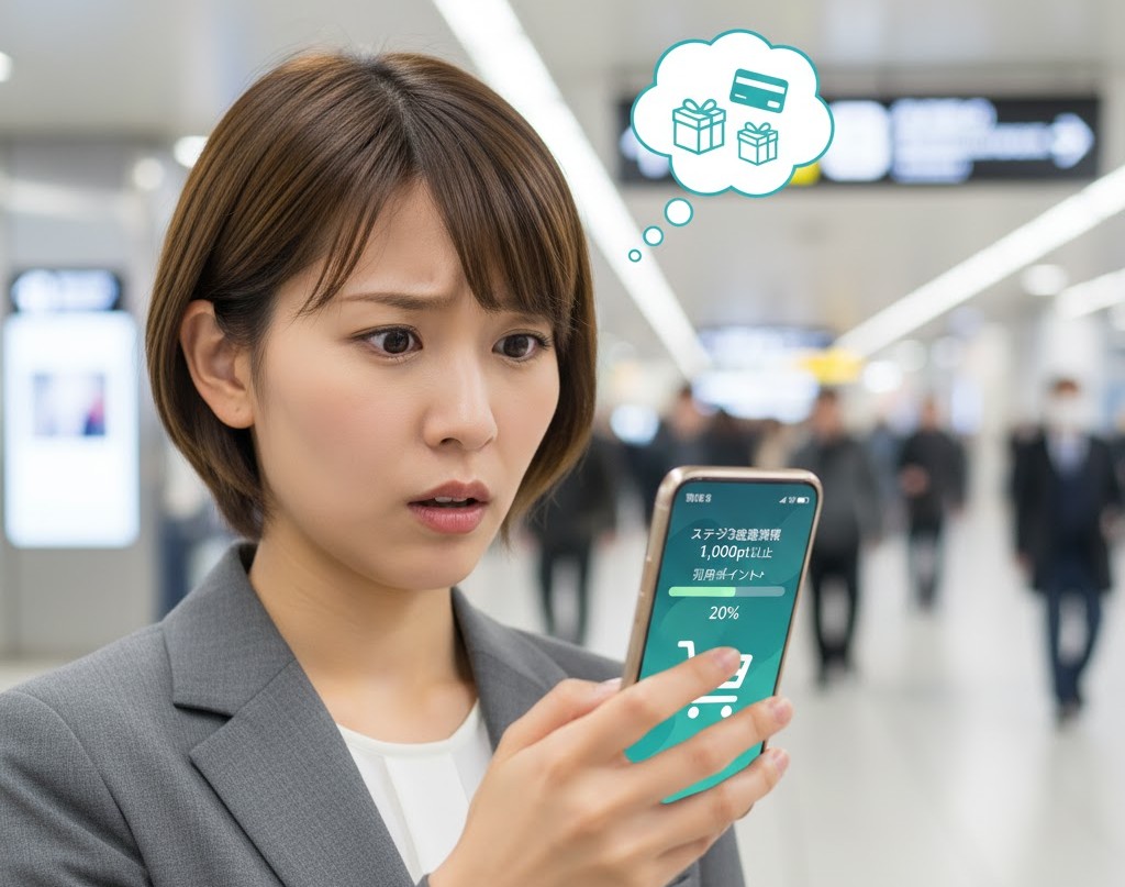 駅構内でスマートフォンを見ながら、利用ポイントの条件が足りないことに気づき、困った表情の日本人女性。