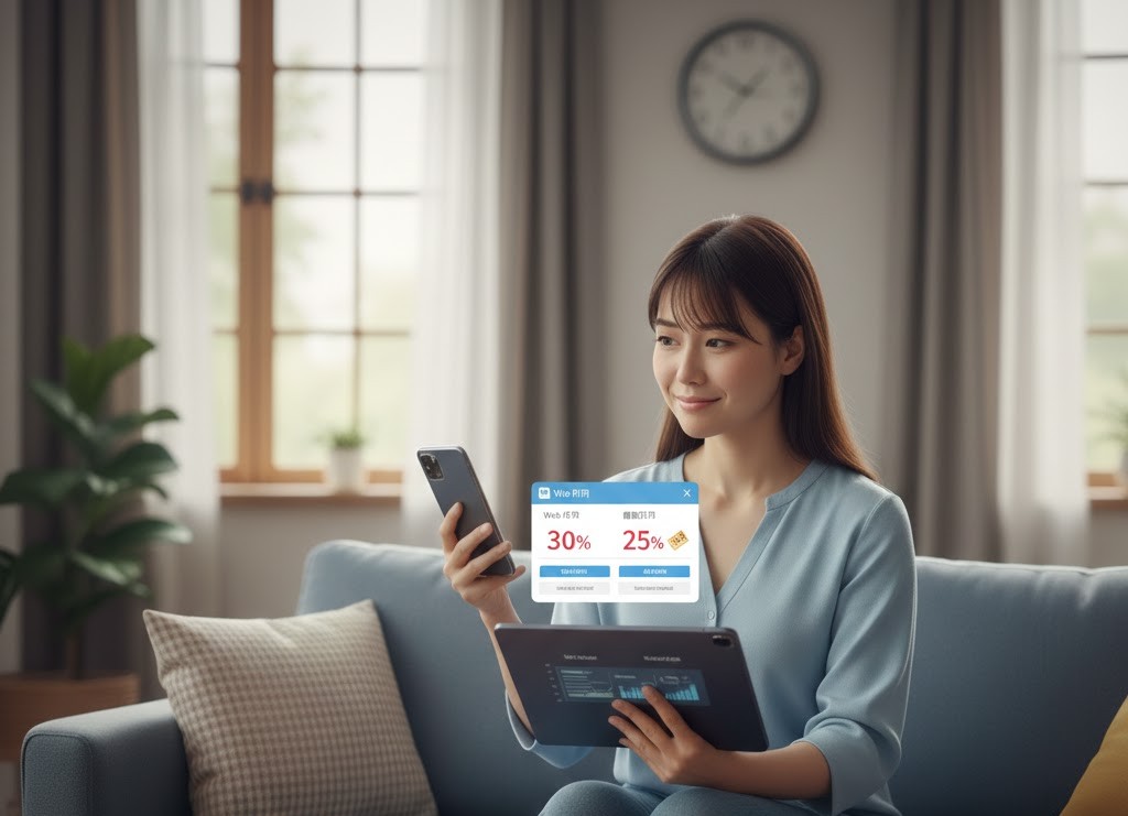 スマホとタブレットの画面に表示されたWebクーポンと誕生日クーポンの割引率を見比べている女性