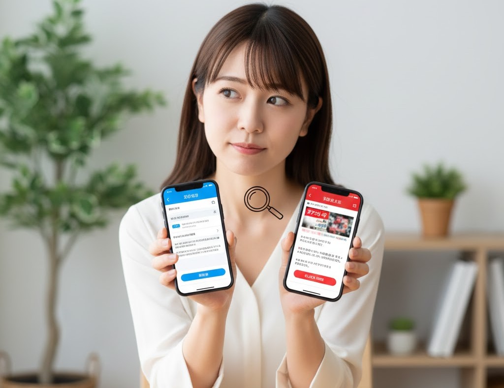 メルカリのアンケートメールが本物か迷ってスマホ画面を見比べる女性