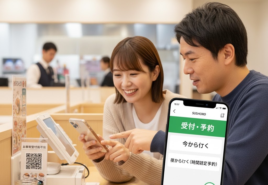 スシローのテーブル席で、男女がスシロー公式アプリの「受付・予約」画面をスマートフォンで操作(チェックイン)して、まいどポイントを貯めようとしている場面。