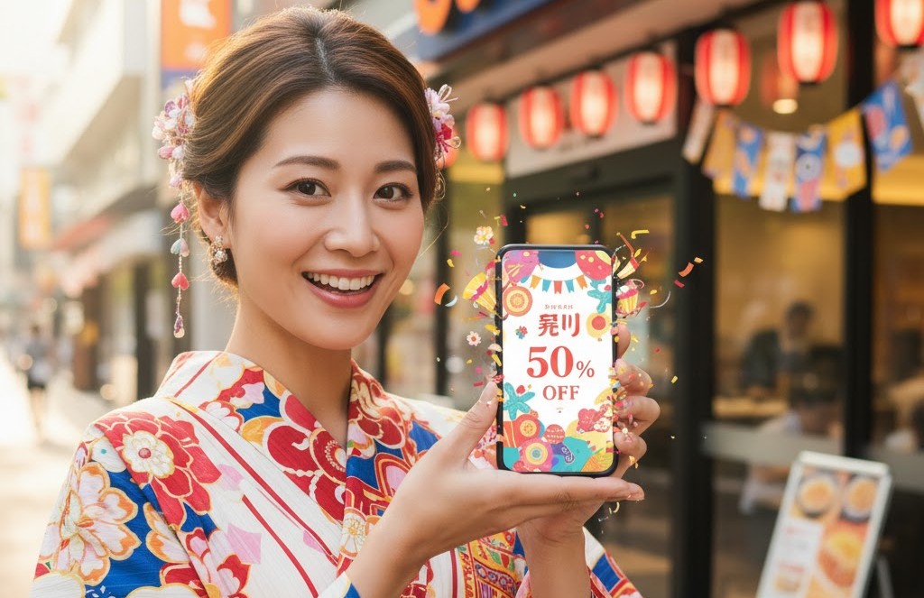 浴衣を着た日本人女性が、お祭りらしき背景の店(ガストのような雰囲気)の前で、スマートフォンに「50% OFF」と表示されたクーポン画面を笑顔で見せている。提灯や飾りが周りにある。