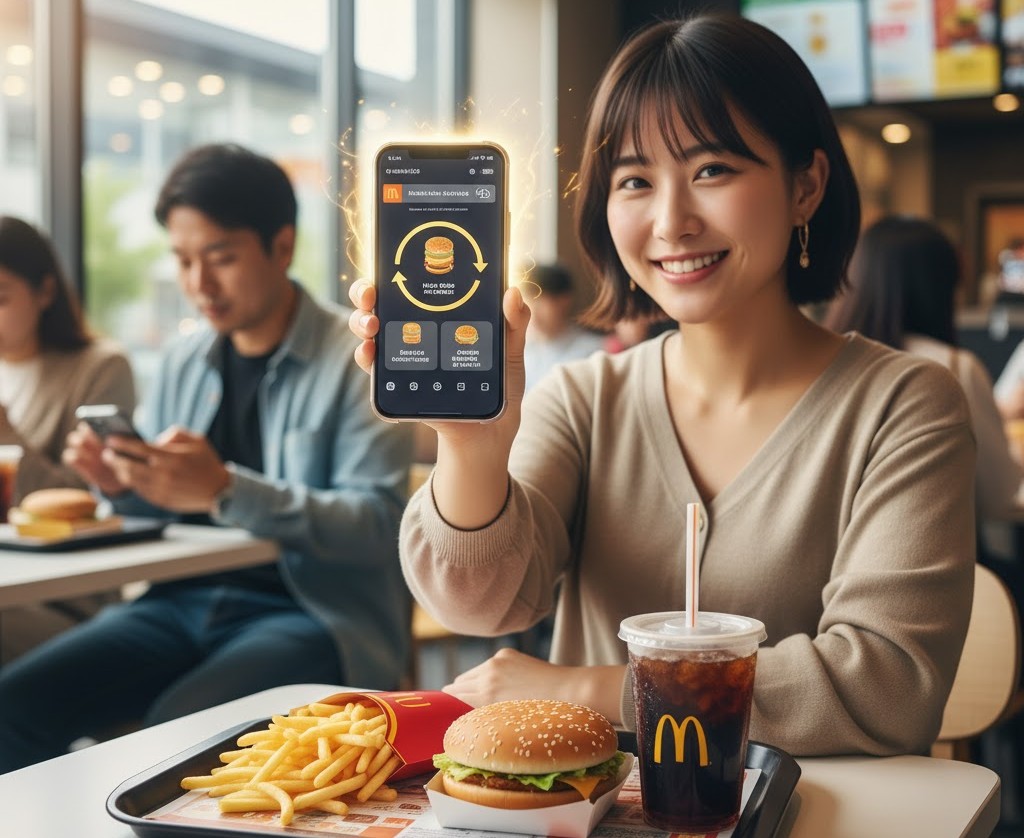 マクドナルドの店内で、スマートフォンにKodoクーポンの画面を表示して笑顔を見せる日本人女性。テーブルにはハンバーガーセットが置かれています。