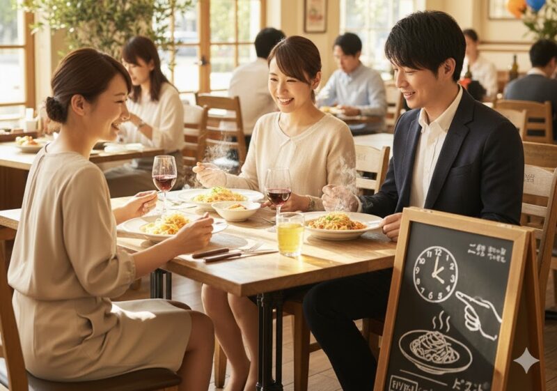 オリーブの丘の店内で、平日ランチを楽しむ3人の日本人男女。テーブルにはランチのお得な時間を示す黒板が置かれている。