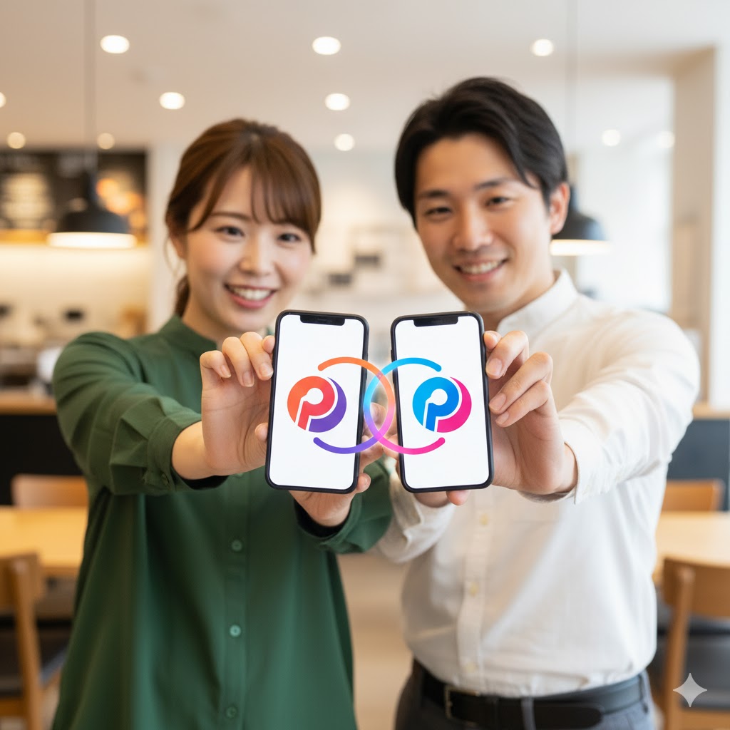 笑顔の男女が2台のスマートフォンを並べて持ち、画面には提携ポイント(PontaとPayPayのイメージ)のロゴが表示されている画像。