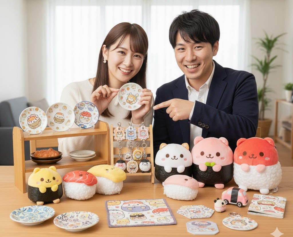 テーブルの上に並べられた、まめ皿、ぬいぐるみ、キーホルダーなど、まいどポイントで交換できる様々なスシローだっこずしグッズを笑顔の男女が紹介している様子。