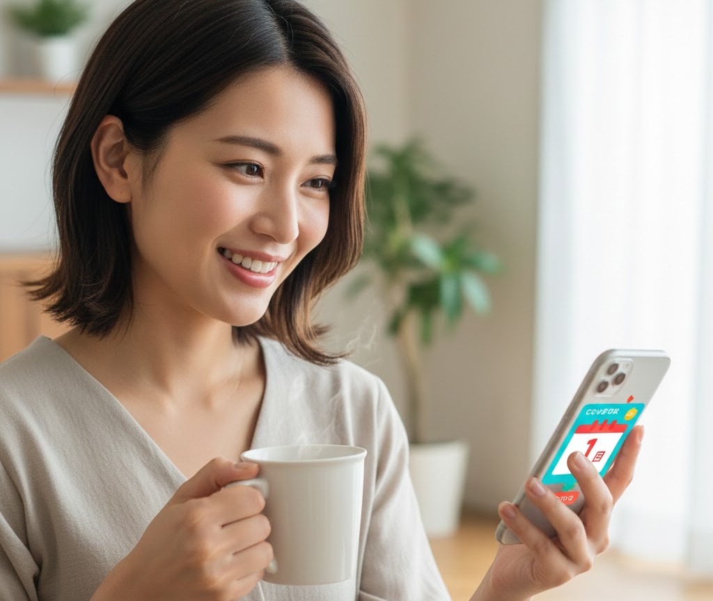 コーヒーを片手に、誕生月の1日にスマホへ届いたアイシティのクーポン画面をうれしそうにチェックする女性