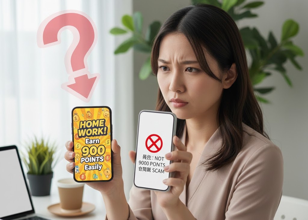 メルカリのアンケートメールが本物か迷ってスマホ画面を見比べる女性