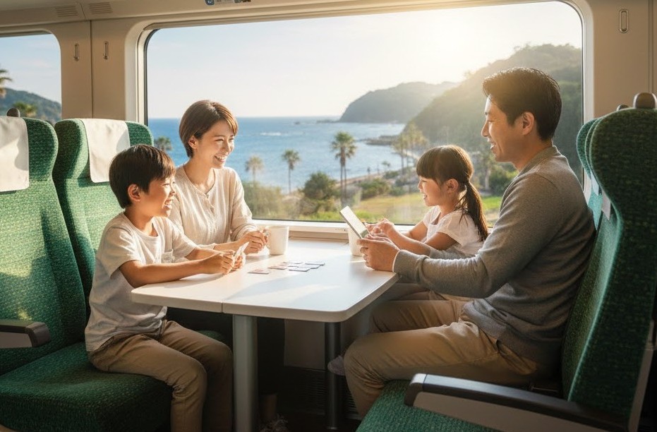 海を眺めながら普通列車グリーン車でゆったり過ごす四人家族の旅行風景