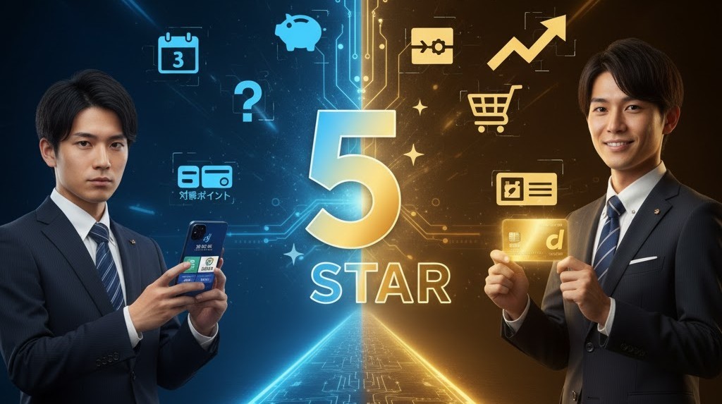 dポイントのランク判定対象ポイントと対象外ポイントが仕分けされる仕組みを説明する二人の日本人男性。