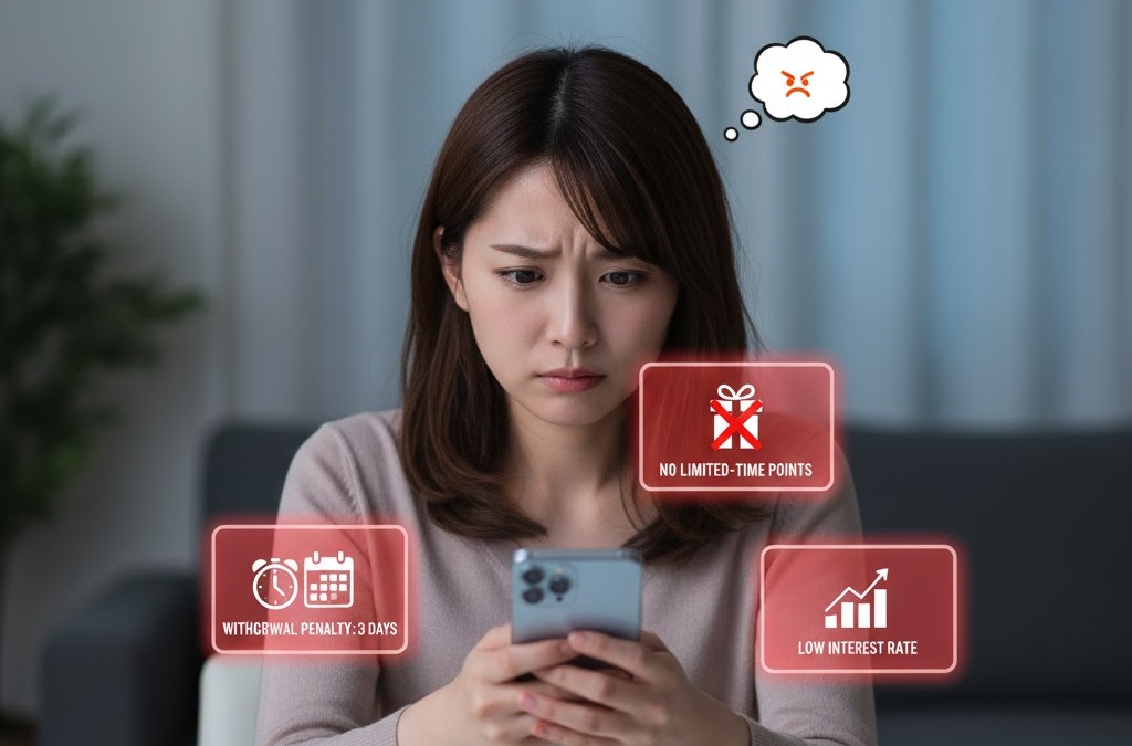 自宅でスマートフォンを操作しながら、楽天ポイント貯めトクモードの注意点（期間限定ポイント対象外、引き出しペナルティ3日間、低金利）に不満そうな表情の日本人女性。