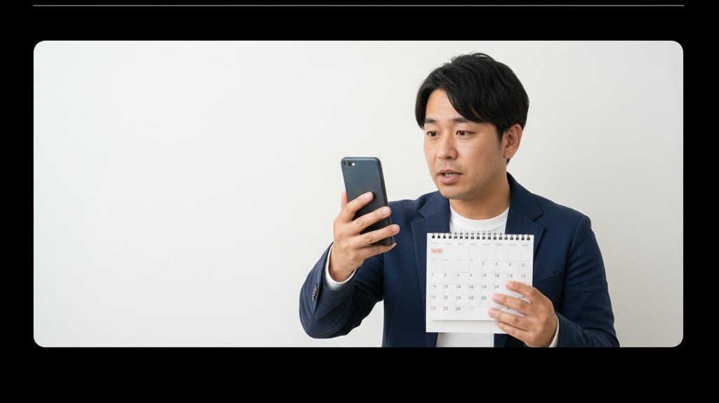 スマートフォンとカレンダーを見比べ、PlayStation Starsポイントの有効期限が迫っていることに気づき、焦った表情を見せる日本人男性