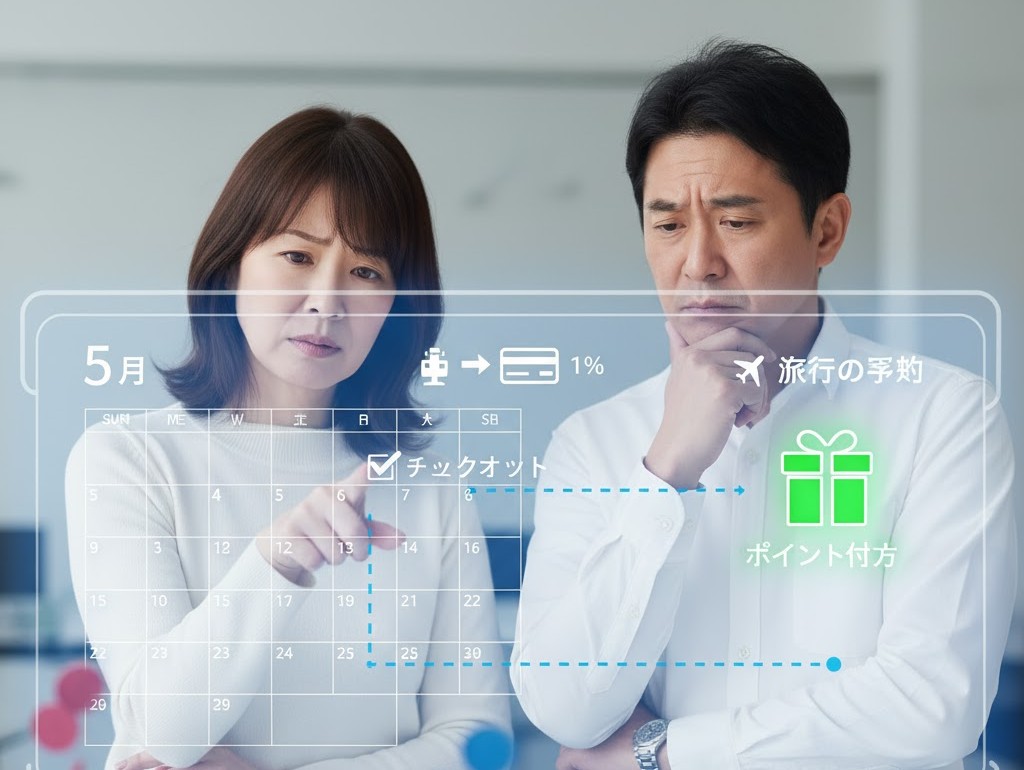 楽天トラベルのポイントが付与されるタイミングが遅いことに困惑する男女。旅行のチェックアウト日からポイント付与日までタイムラグがあることを示すカレンダーの図。
