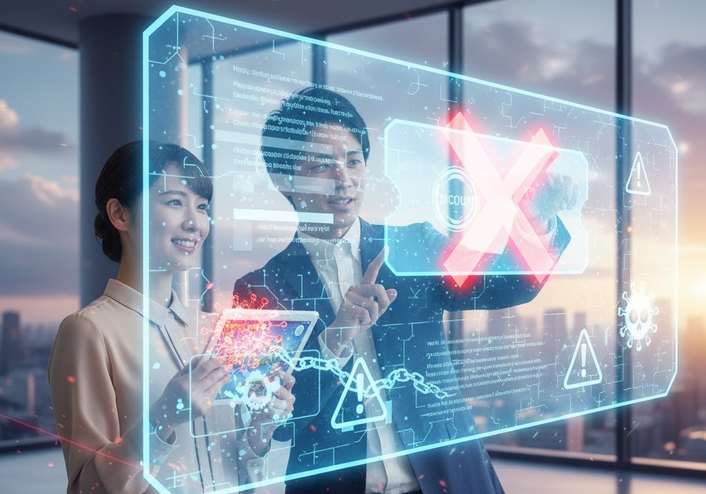 男女が、偽クーポンや詐欺サイトの危険性を示す赤いバツ印や警告マークが多数表示されたホログラム画面を見ている様子