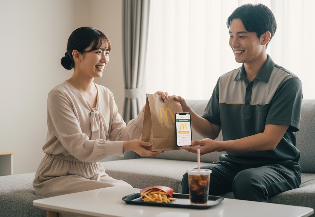 マクドナルドのデリバリースタッフが女性に商品を手渡ししている場面。女性はスマートフォンでKodoクーポンを見せています
