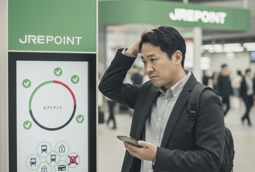 代替テキスト (alt text): 駅構内のJRE POINTの端末の前で、スマートフォンを手にステージが上がらないことに頭を抱えている日本人男性。