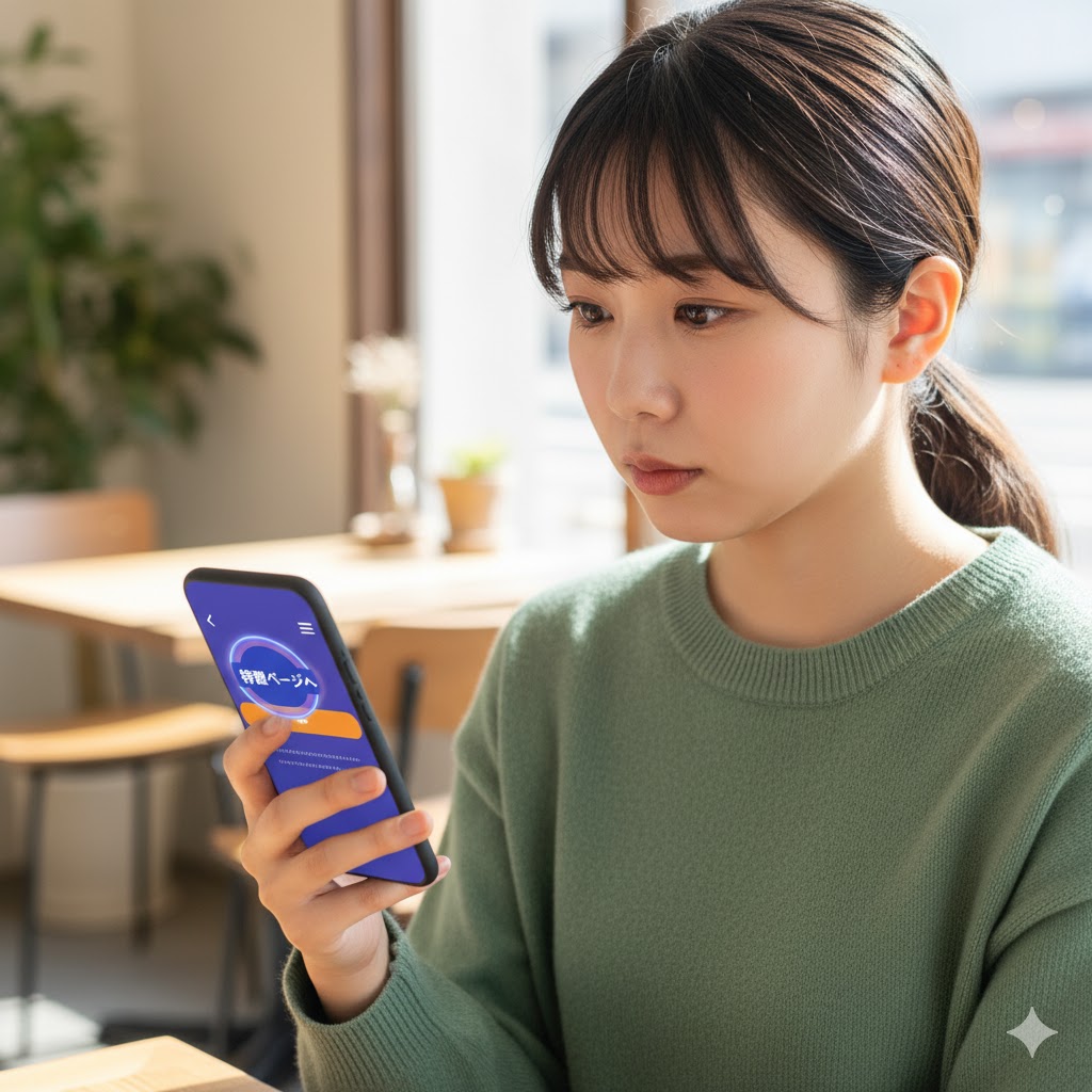 カフェで女性がスマートフォンの画面を真剣な表情で見つめている画像。画面には「特設ページへ」というボタンが表示されている。(クーポンが使えない条件などを確認しているイメージ)