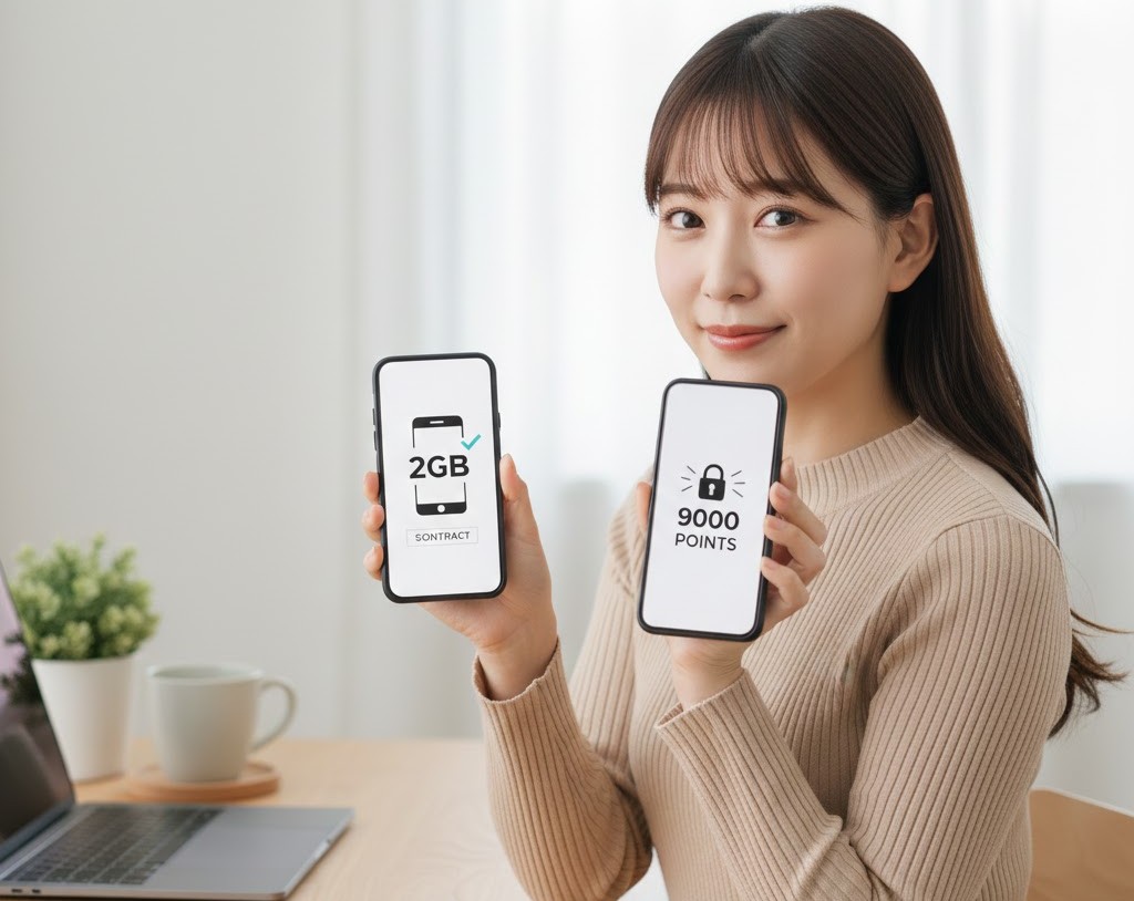 2GBプランの契約と9000ポイント還元の画面をスマホで示す女性
