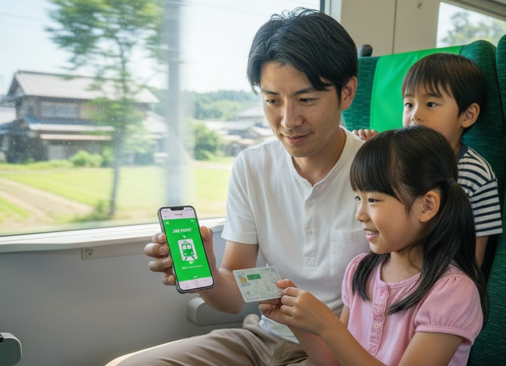 JRE POINTアプリとSuicaを見ながら子どもにポイントの使い方を教える父親