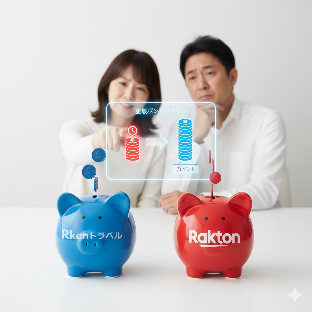 楽天ポイントの仕組みについて考える男女。期間限定ポイントと通常ポイントの違いをイメージした図。