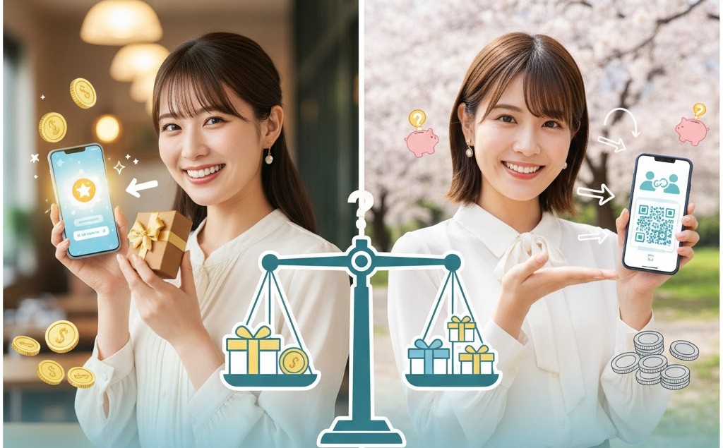 天秤を中心に、左側にはプレゼントとコインを持つ笑顔の女性、右側にはスマホとコインを持つ笑顔の女性が描かれ、クーポンとポイントのメリットを比較している様子。