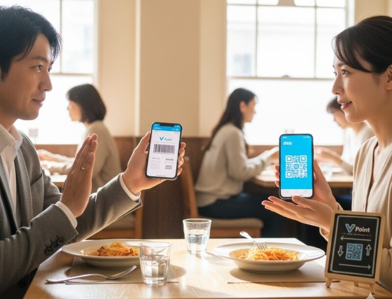 オリーブの丘で、Vポイントの提示とd払い決済を組み合わせてポイントを二重取りしようとしている様子。