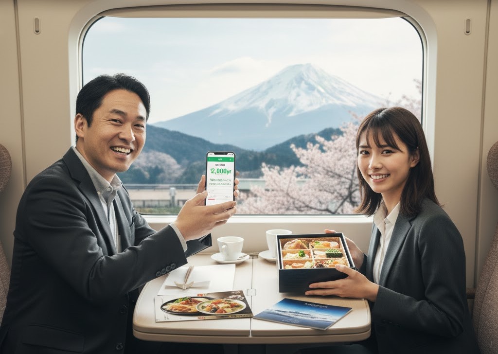 新幹線内で富士山と桜を背景に、駅弁を食べながらJRE POINTの特典(割引)をスマートフォンで見せ、笑顔の日本人カップル。