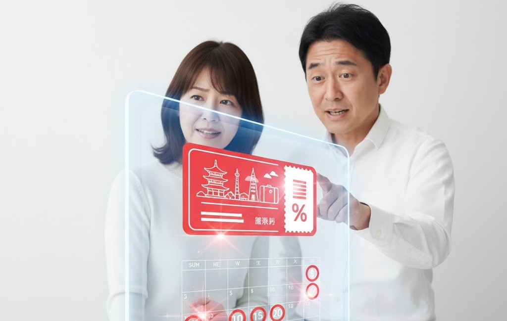 楽天トラベルでポイントが使えないサービス(JR新幹線やバス)と、使えるサービス(ホテルや航空券パック)が一覧表示された画面を見て戸惑う男女