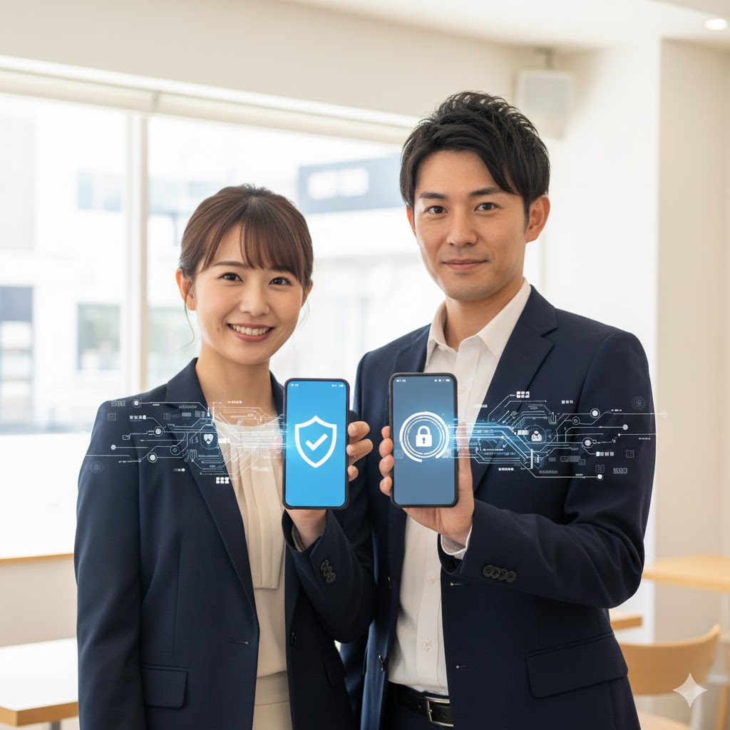 スーツ姿の男女が、それぞれセキュリティ(盾と鍵)のアイコンが表示されたスマートフォンを持って立っている画像。