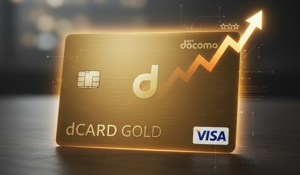 dポイント5つ星への近道となるdカードGOLDをイメージした金色のクレジットカードと上昇するグラフ