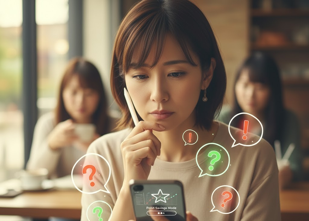 カフェでスマートフォンを見つめ、楽天ポイント貯めトクモードについて考えている日本人女性。疑問符や感嘆符のアイコンが周りに表示されている。