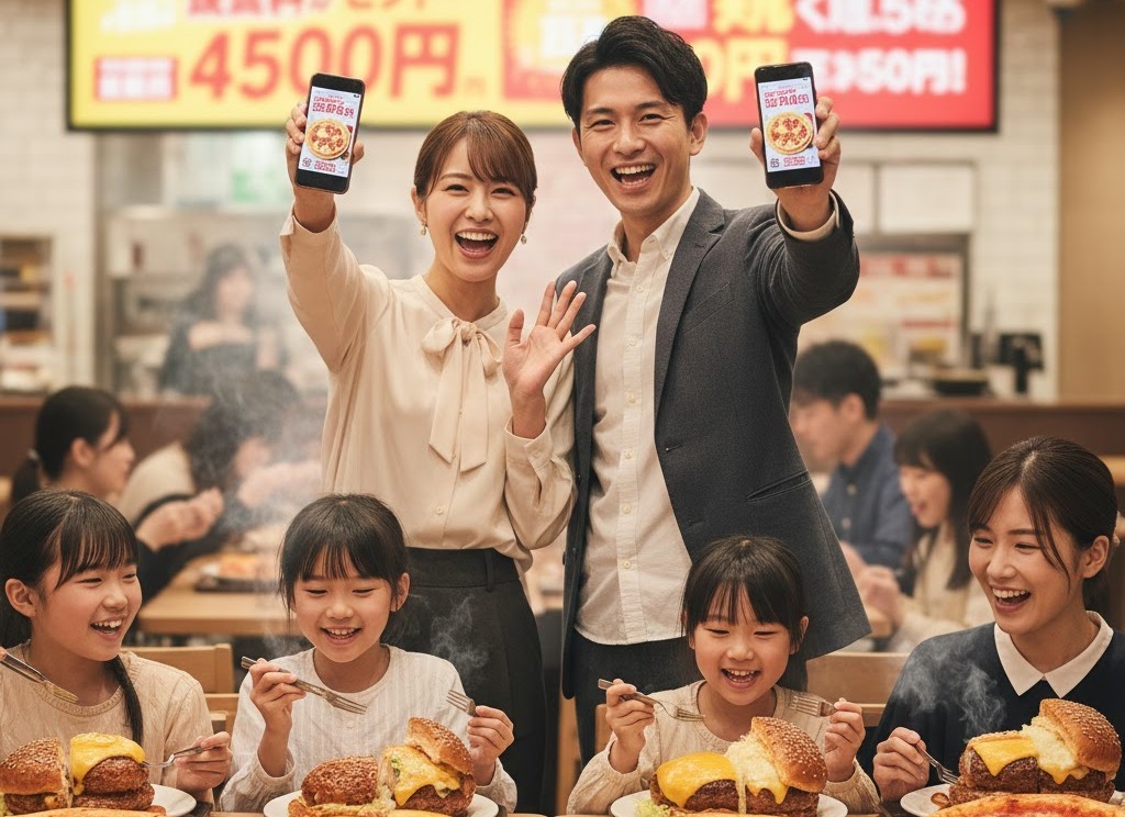 ガストの店内で、家族(日本人夫婦と子供たち)が食事を楽しんでいる様子。夫婦がスマートフォンでクーポン画面を見せ、子供たちはテーブルのハンバーグやピザを笑顔で囲んでいる。背景には他の客も見える。