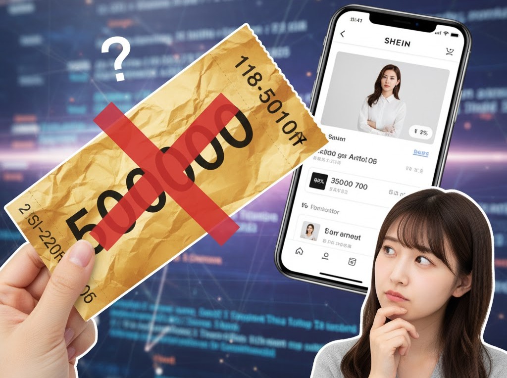 SHEINのアプリ画面と50000円の偽クーポンらしきものが重なり、女性が疑問に思っている様子。詐欺の危険性を示唆するイラスト