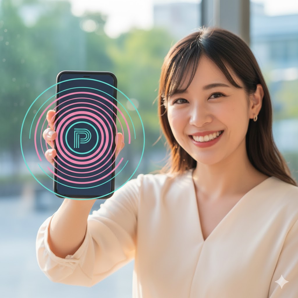 笑顔の女性が、ポイントのロゴ(P)が表示されたスマートフォンをこちらに向けて見せている画像。