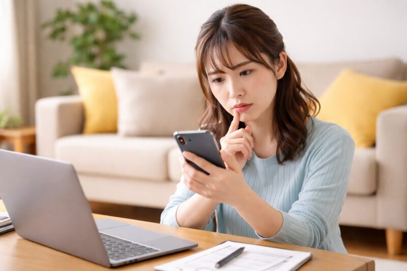 au携帯料金のポイントがつかずスマホを見て悩む日本人女性