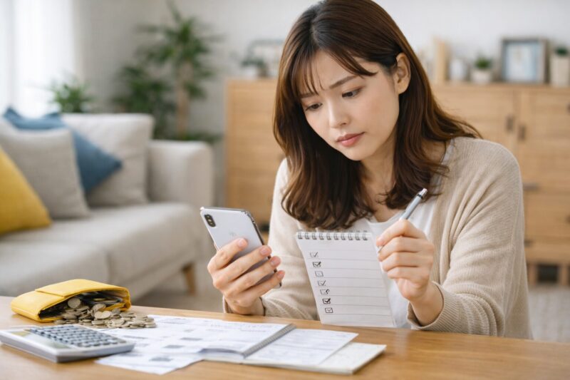 dポイントが減っていて履歴が見当たらずスマホ画面を確認して不安そうな日本人女性