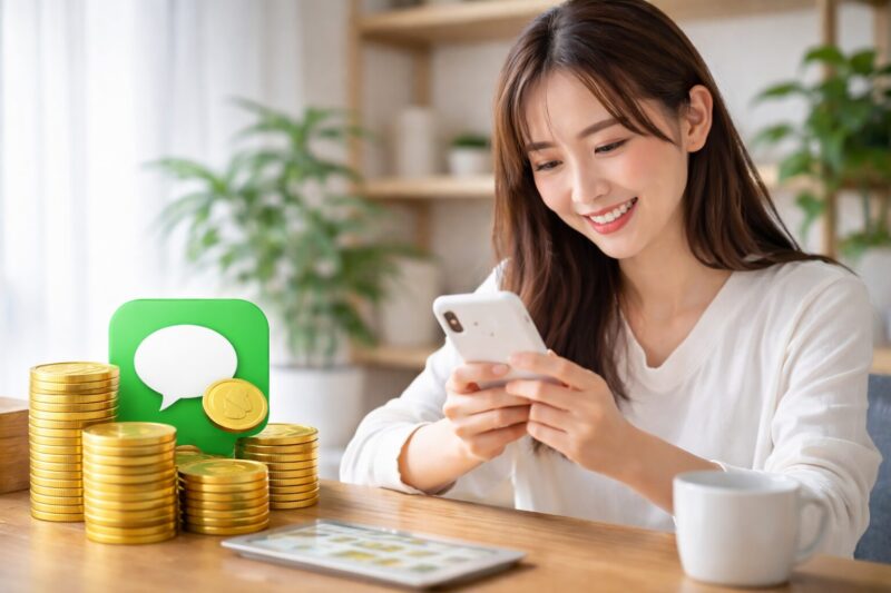 LINEポイントをスマホで確認しながらコイン交換を検討する日本人女性