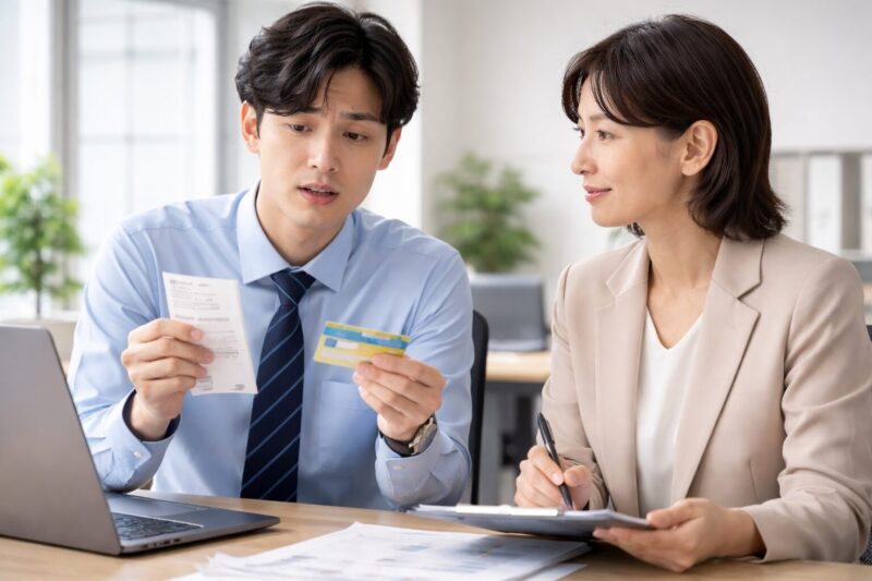 スーパーでぽんすけを手に取り、購入できる地域や買い方を確認する日本人カップル