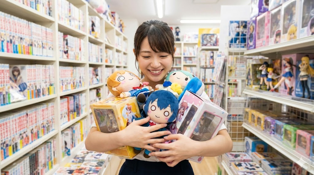 アニメイト店内でグッズを抱えて喜ぶ日本人女性