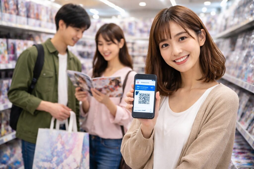 アニメイト店内でスマホの会員証を提示する日本人女性