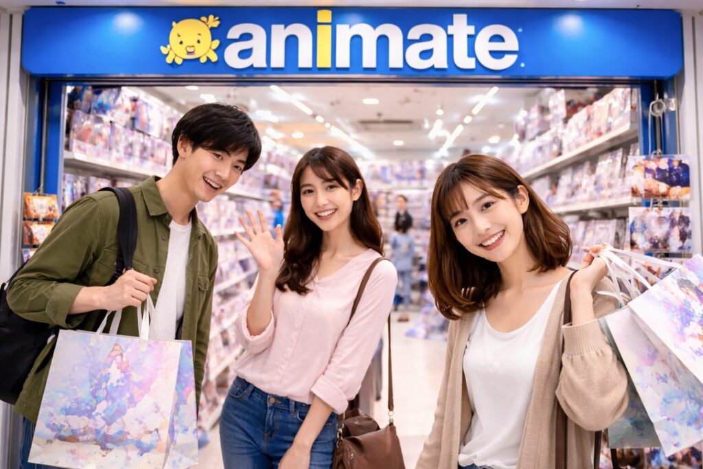 アニメイト店舗前で買い物を楽しむ日本人の若者