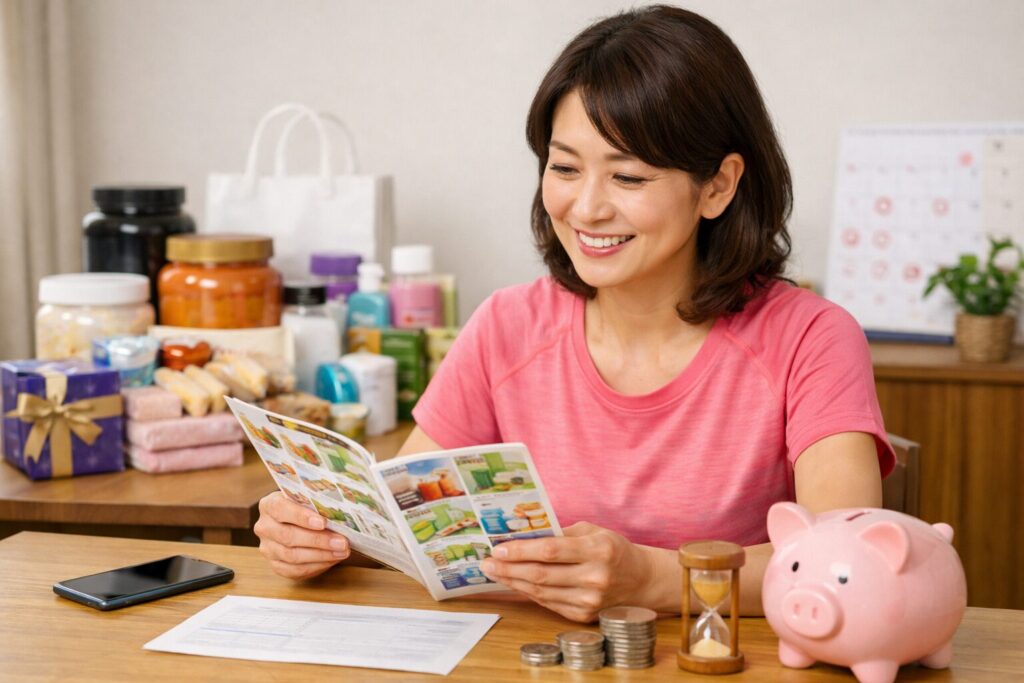 カーブスのマネーでポイント交換商品カタログを確認する日本人女性