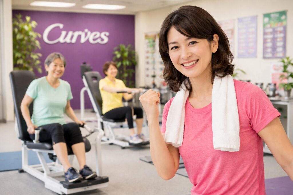 カーブスでトレーニングをする日本人女性とサーキットマシン