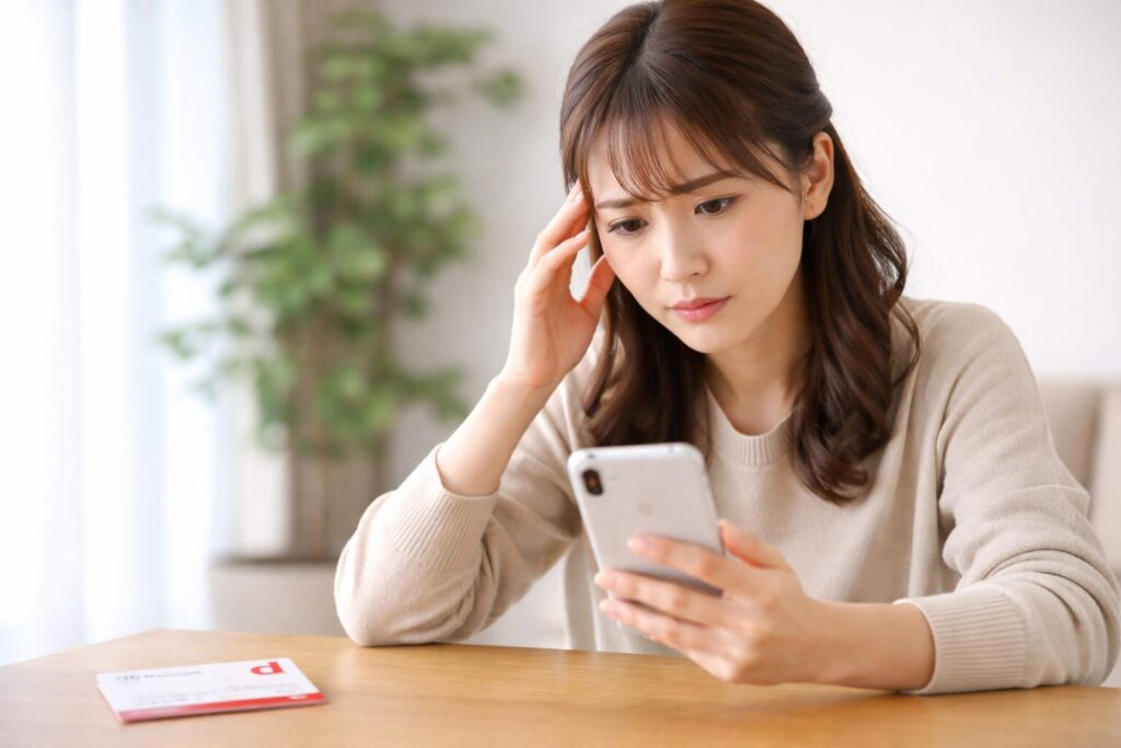 dポイントカード登録でエラーに悩む日本人女性がスマホを確認している様子