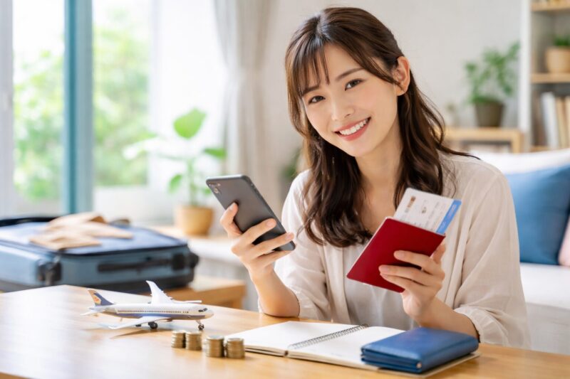 eJALポイントの使い道を確認しながら旅行準備をする日本人女性