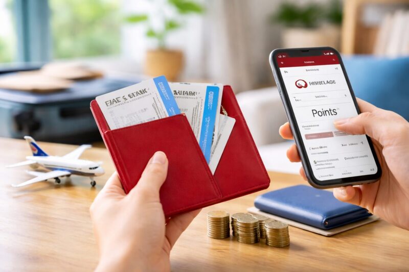 JALポイントやeJALポイントの残高をスマホで確認しながら旅行準備をするイメージ