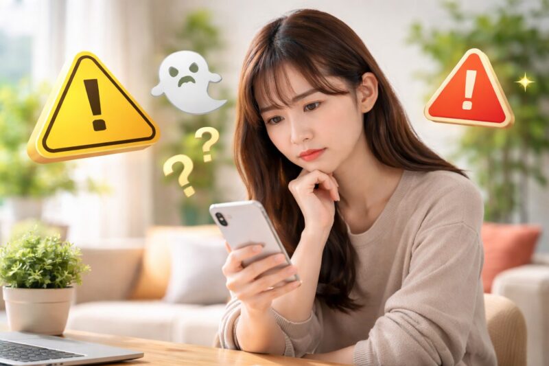 ラインポイントの裏ワザや注意点をスマホで確認し悩む日本人女性